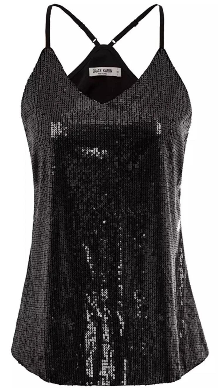 GRACE KARIN Women’s Black Sequin Camisole Tank Top Size 2X ~ NWT!